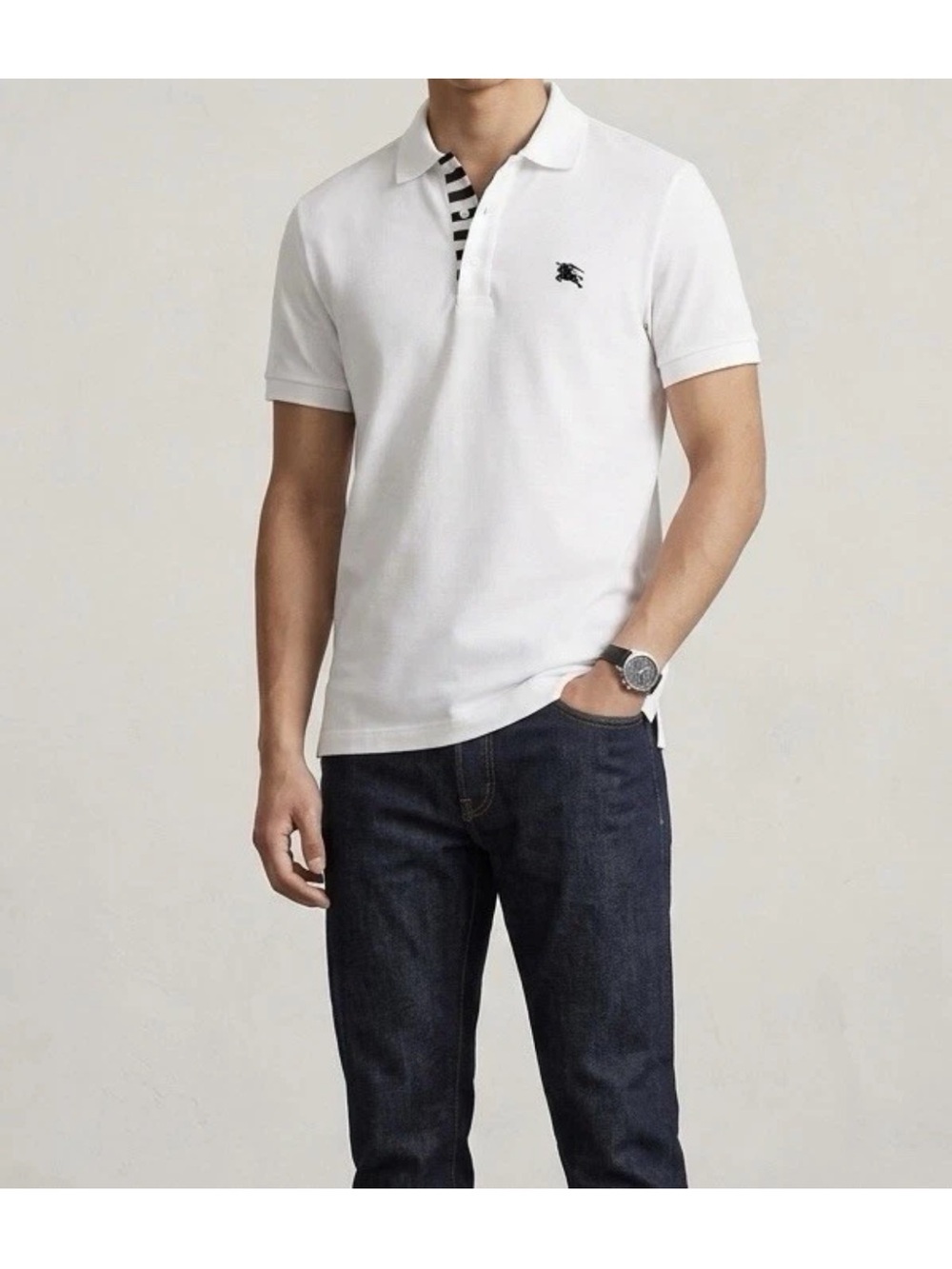Burberry Men's White Polo Shirt Size Medium - Striped Placket Detail - NWT